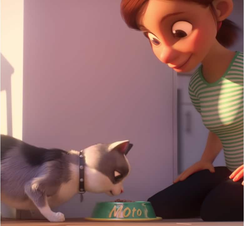 Eine Frau in einem gestreiften grünen Shirt fütter ihre Katze